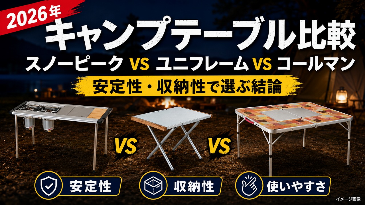 【2026年】キャンプテーブル比較｜スノーピーク vs ユニフレーム vs コールマン 安定性・収納性で選ぶ結論