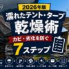 【2026年】雨キャンプ撤収後の濡れたテント・タープ乾燥術｜カビ・劣化を防ぐ7ステッ