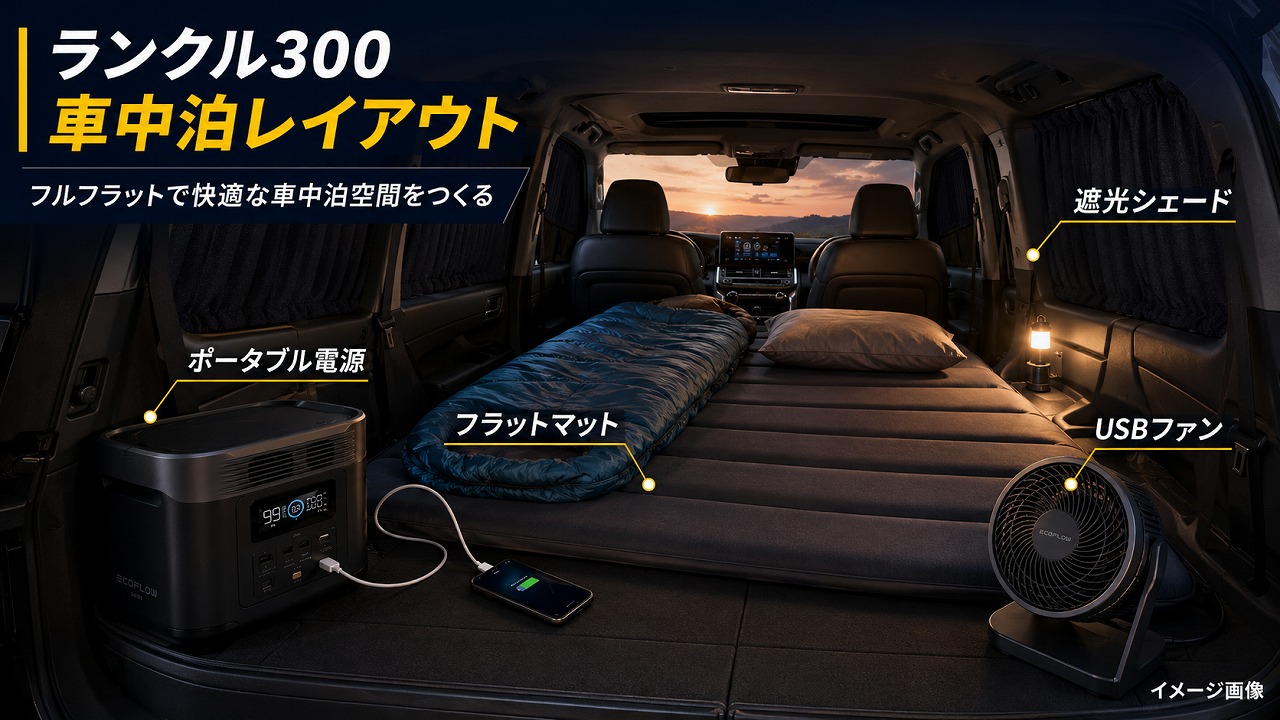 ランクル300車中泊レイアウト（フラット化と電源配置）
