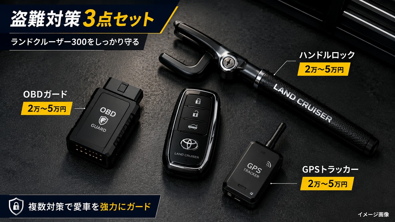 ランクル300の盗難対策3点セット（ハンドルロック・OBD2ガード・GPSトラッカー）