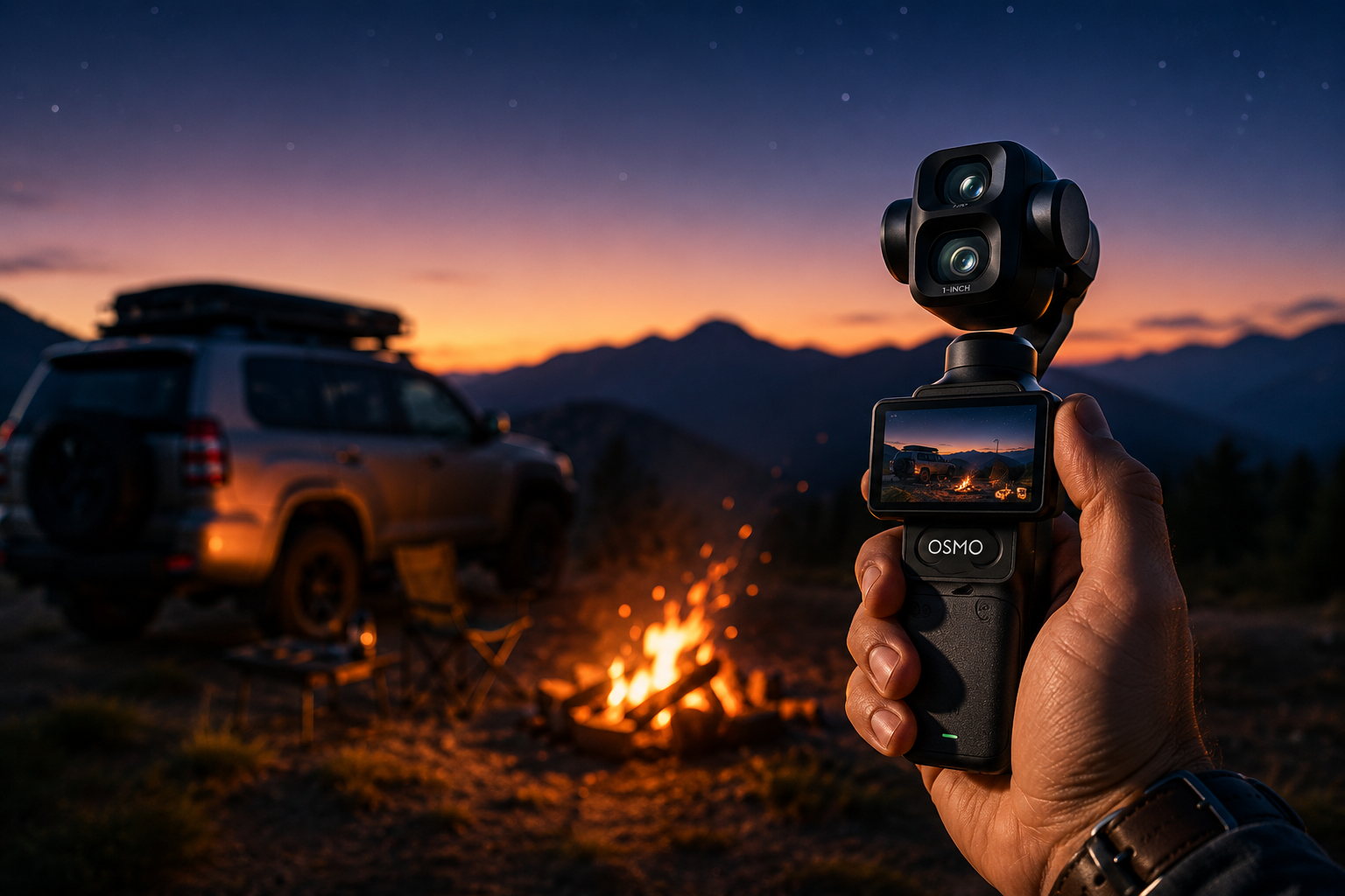 ランクル車載・焚き火キャンプ夜景でOsmo Pocket 4Pを構えてVlog撮影するシーン
