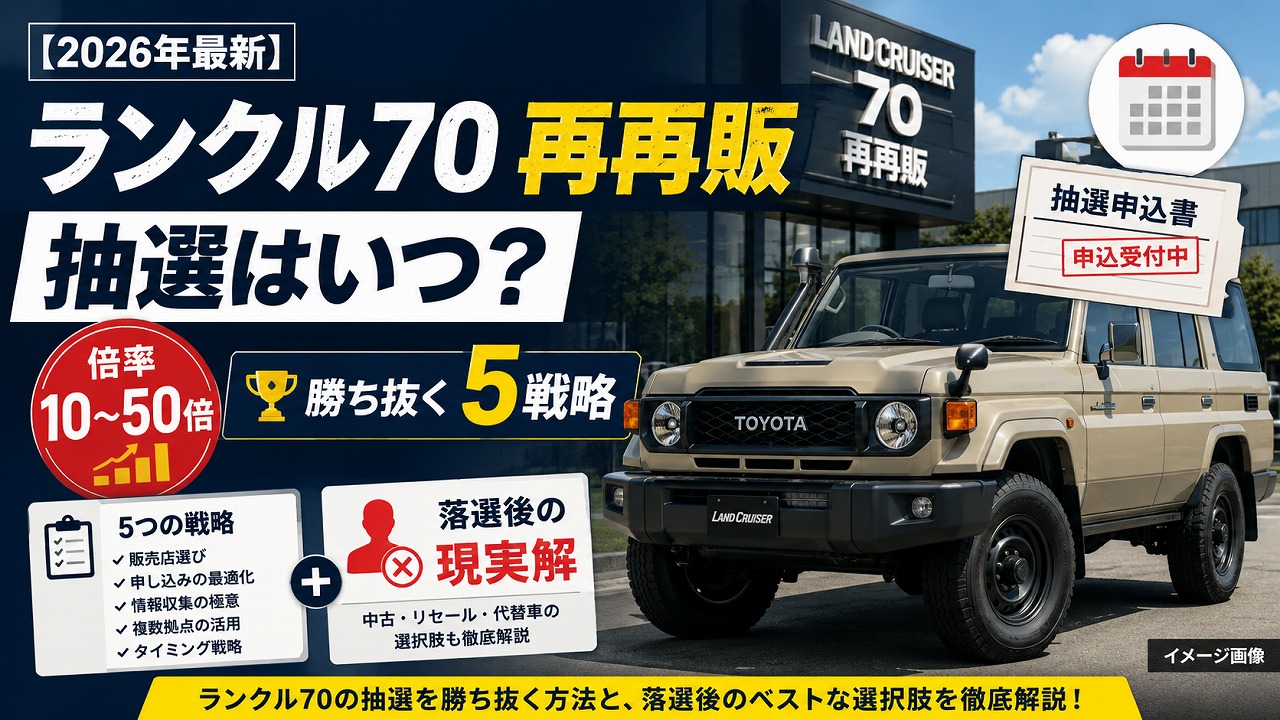 ランクル70 再再販の抽選を勝ち抜く5つの戦略と落選後の選択肢を解説するタイトル画像（ランクル70 AXの外観と抽選申込のイメージ）