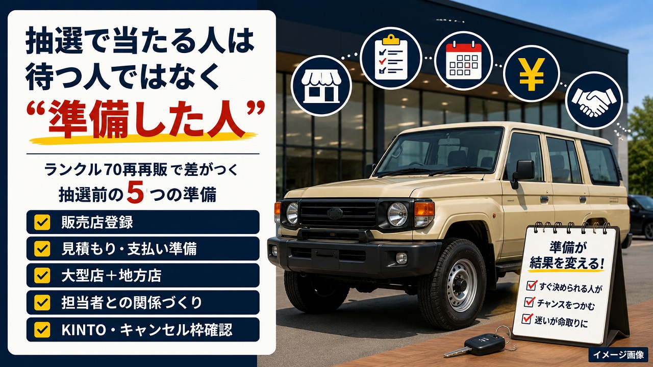 ランクル70 再再販で差がつく抽選前の5つの準備（販売店登録・見積もり/支払い準備・大型店＋地方店併用・担当者との関係づくり・KINTO/キャンセル枠確認）をまとめた図解