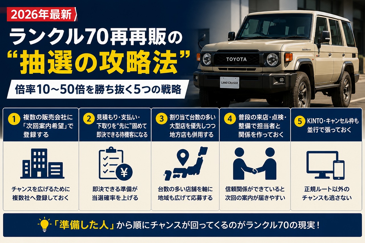 ランクル70 再再販の抽選を勝ち抜く5つの戦略をアイコンでまとめた図解（複数販社登録・即決できる準備・大型店と地方店の併用・担当者との関係づくり・KINTOとキャンセル枠）