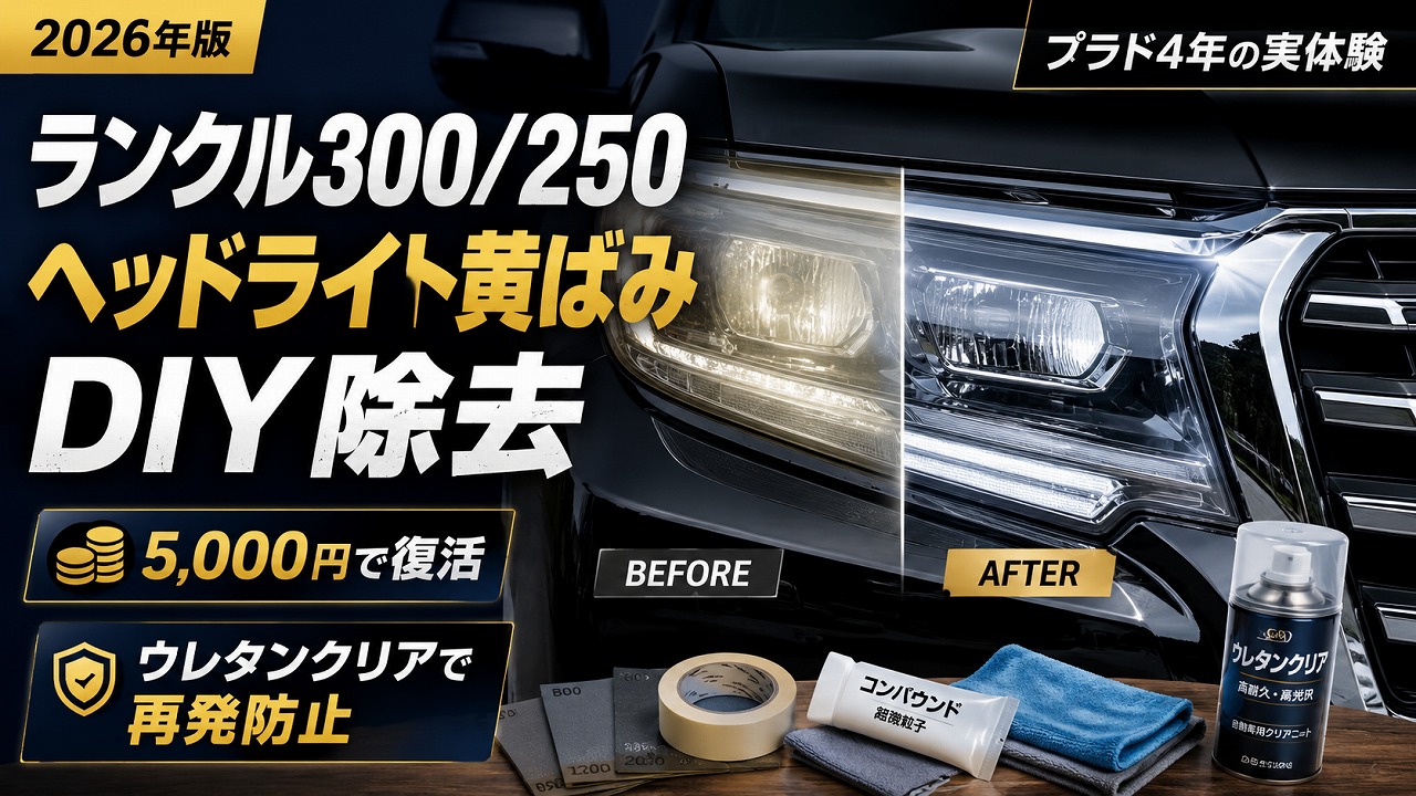 【2026年版】ランクル300/250のヘッドライト黄ばみをDIY除去｜5,000円で蘇らせる手順とウレタンクリアで再発防止【プラド4年の実体験】