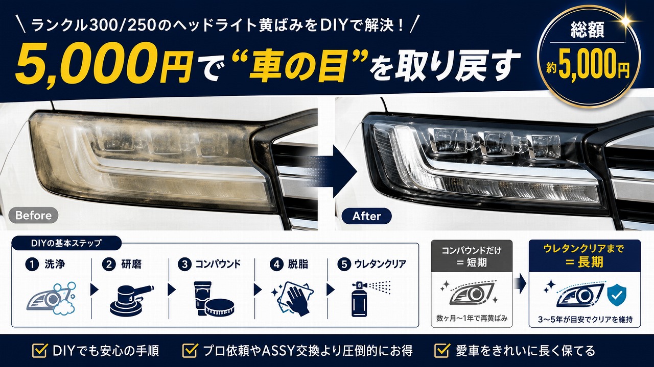 ウレタンクリアで仕上げたヘッドライトの透明感