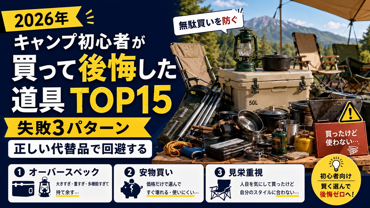 【2026年】キャンプ初心者が買って後悔した道具TOP15｜失敗3パターンと正しい代替品で回避する