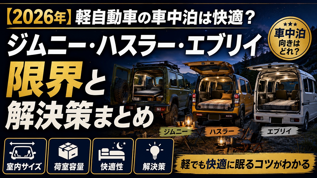 【2026年】軽自動車の車中泊は快適？ジムニー・ハスラー・エブリィ別の限界と解決策まとめ