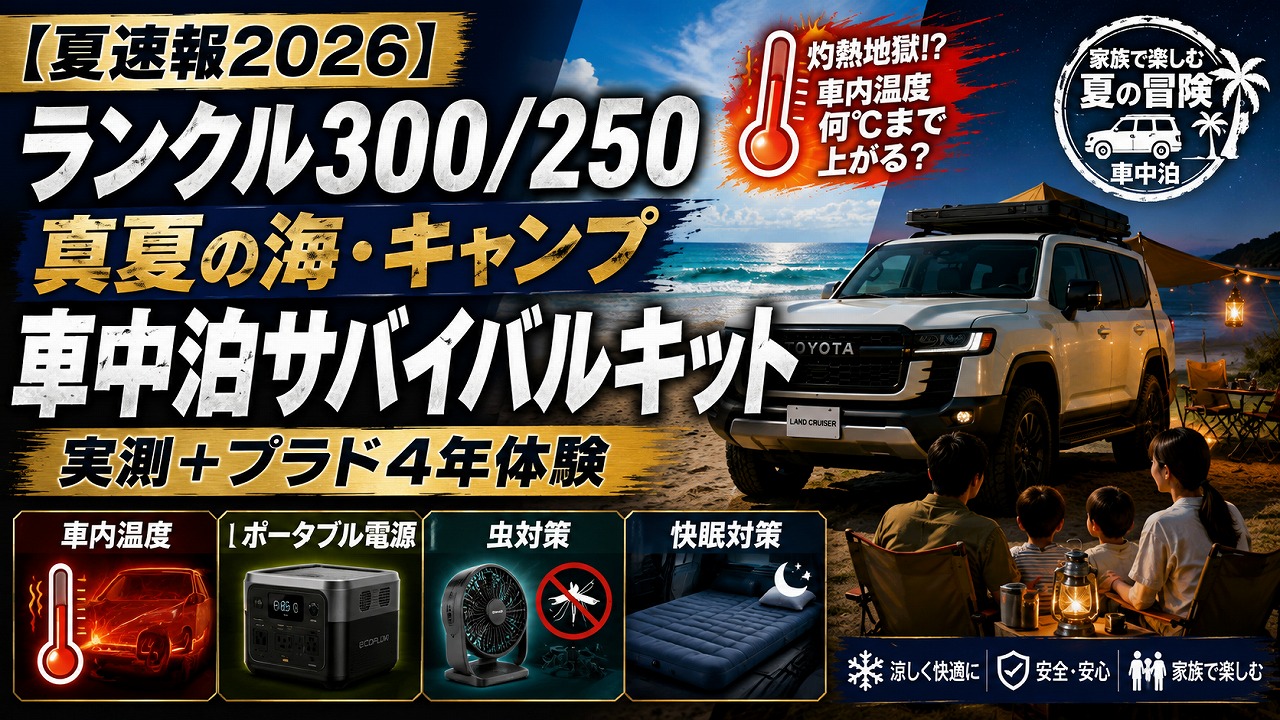 【夏速報2026】ランクル300/250 真夏の海・キャンプ車中泊サバイバルキット｜実測+プラド4年体験