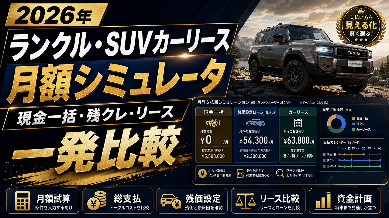 ランクル・SUVカーリース月額シミュレータ｜現金一括・残クレ・リースを一発比較【2026年】