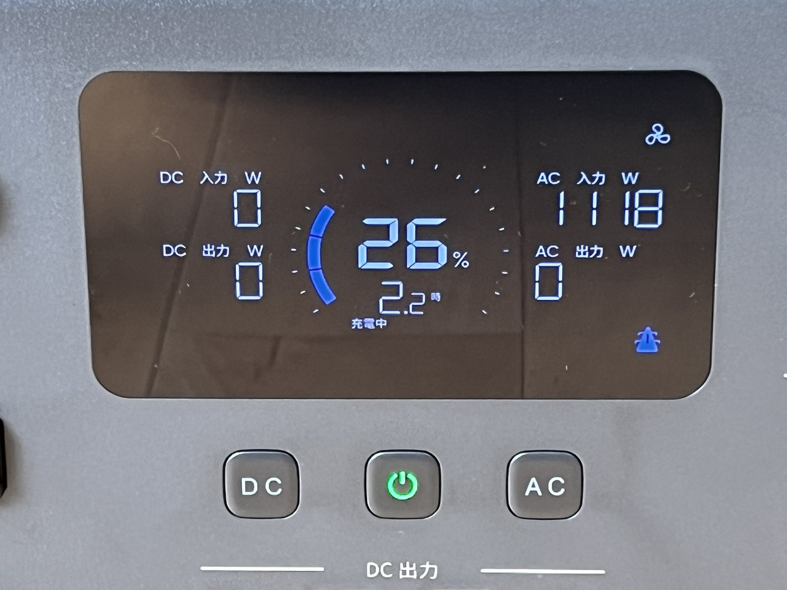 AORA 300の充電中ディスプレイ。AC入力1118W・残量26%・残り2.2時間