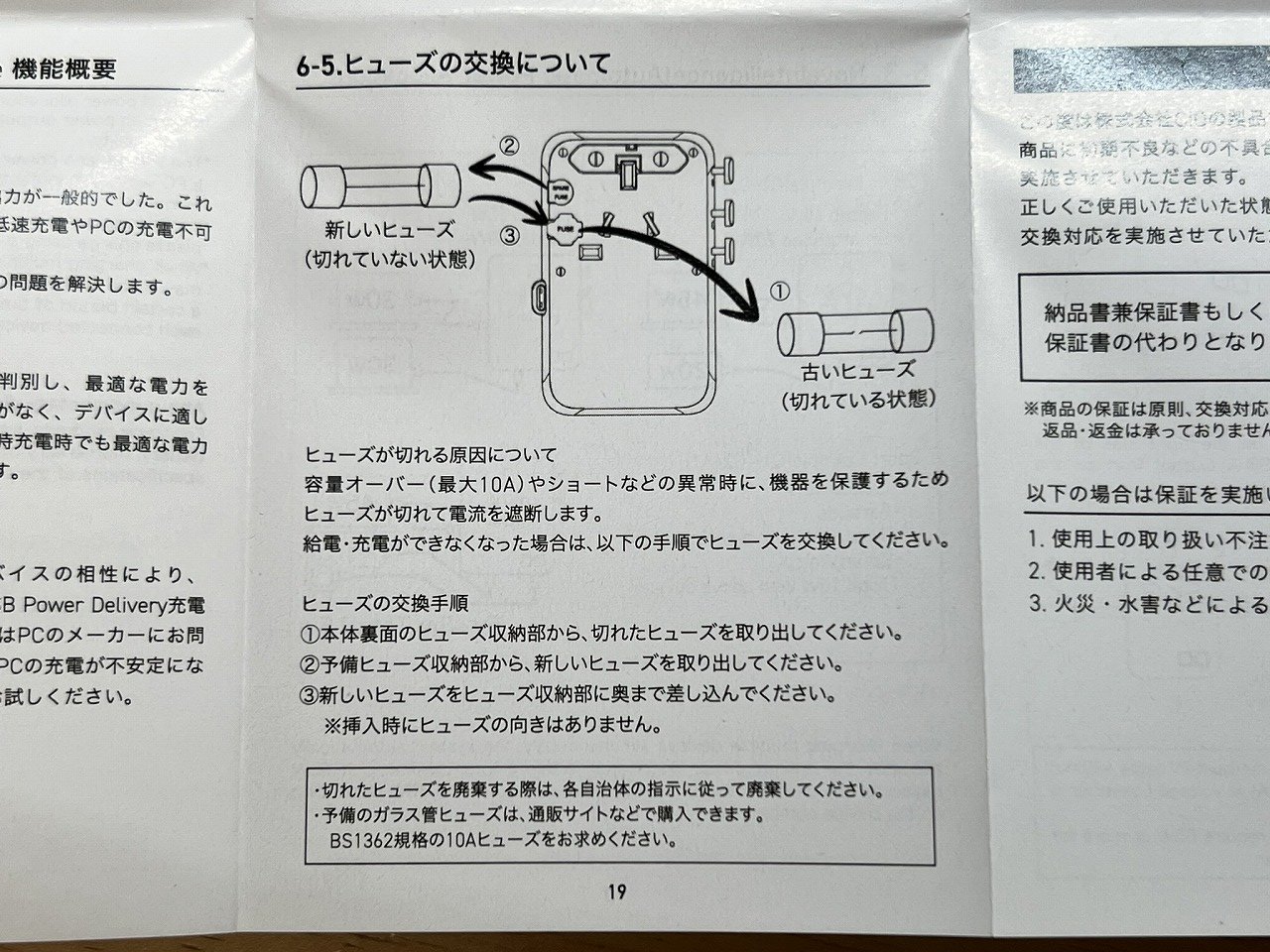 取扱説明書のヒューズ交換手順のページ